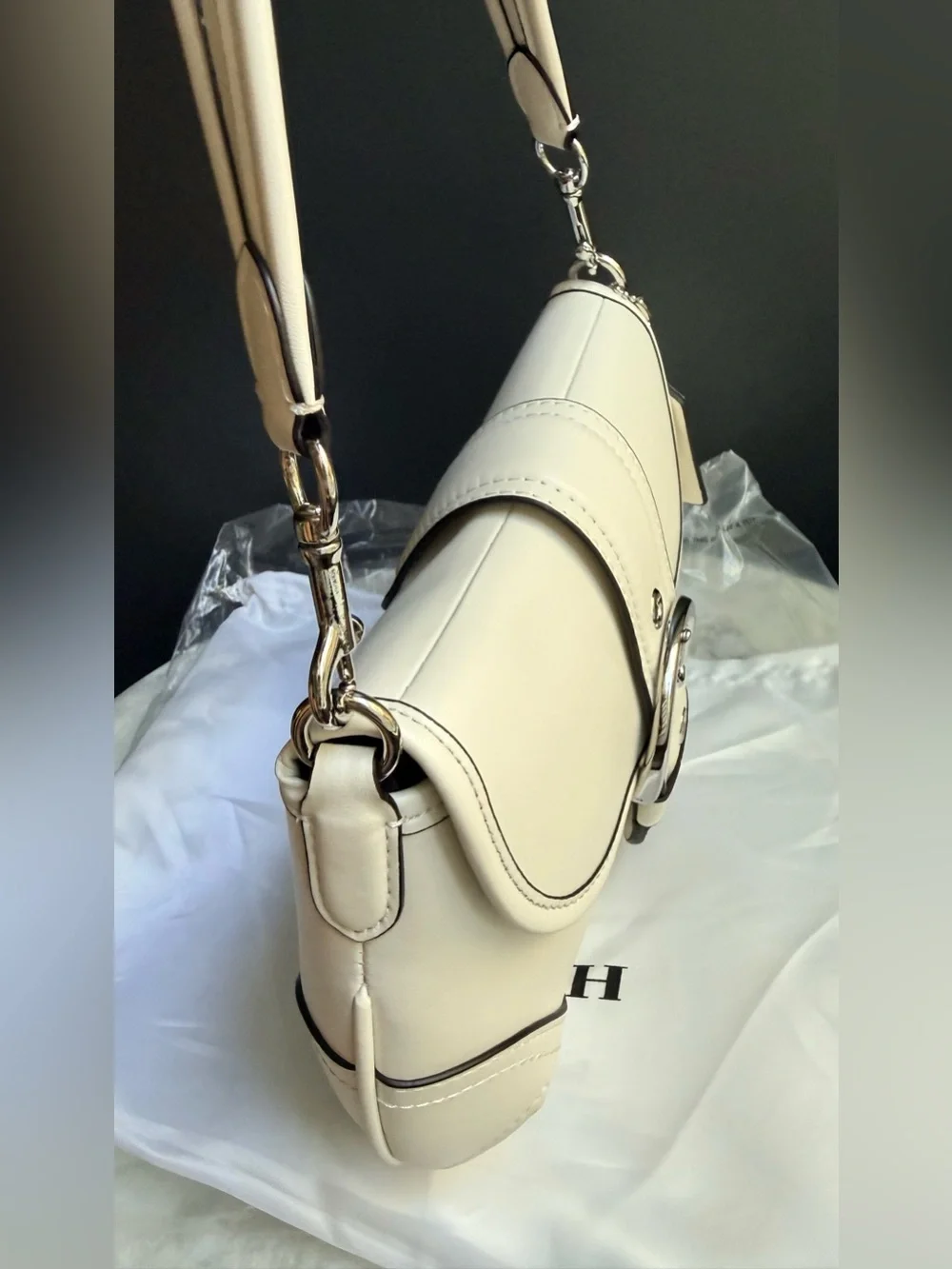 NWOT Coach Soho Flap Bag in Regenerative Leather Chalk White CR699 Silver